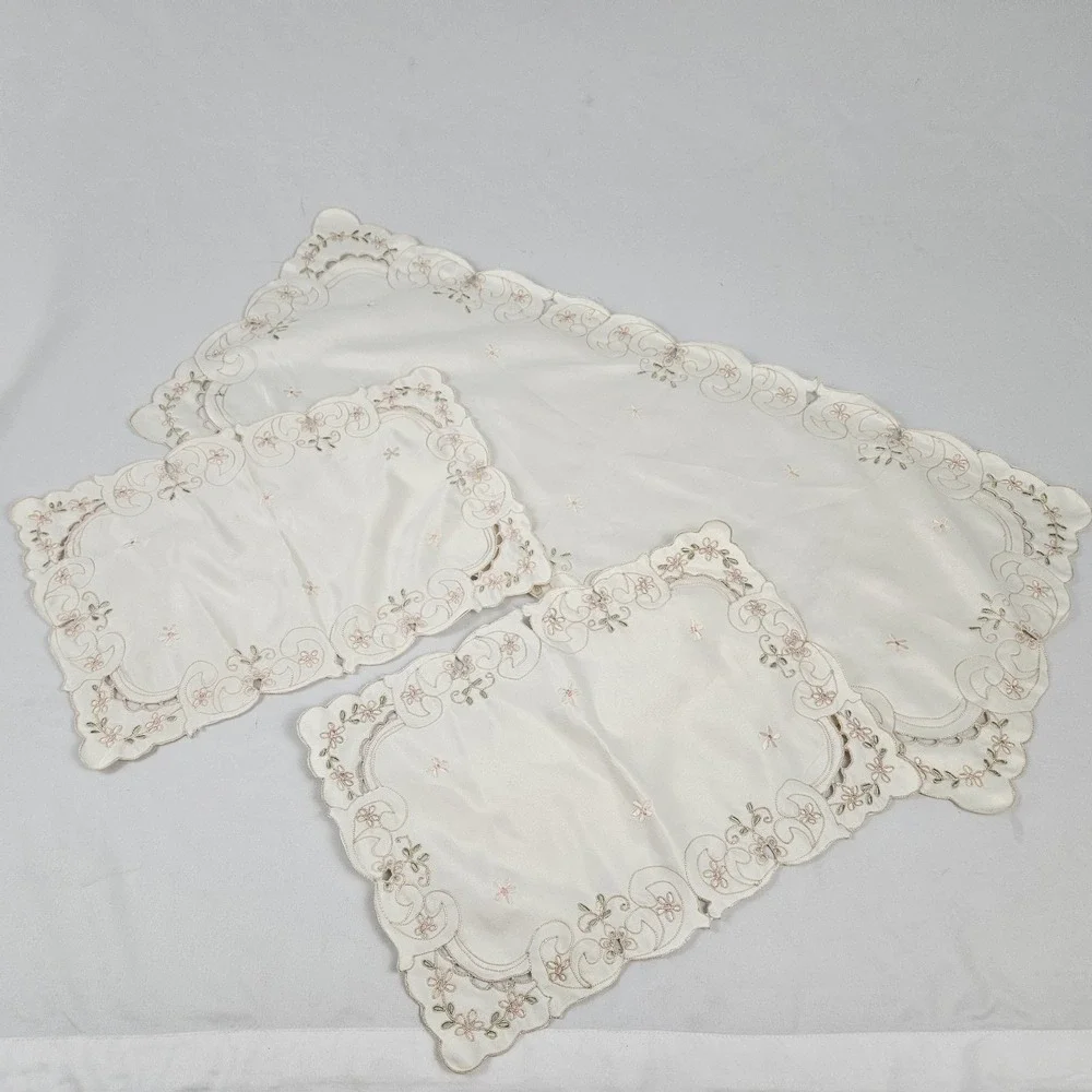 Vintage Satin Embroidered Table Linens Runner + 2 Placemats French Country